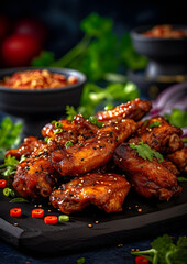 Fototapeta premium Close up grilled chicken wing on wood table