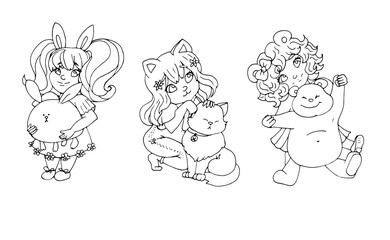 vector coloring page with cute cartoon girl. avatar, line art	