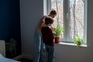 Attentive woman mom involve small son in take care for green leaves houseplants in pots on home...