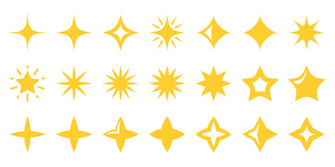 Yellow stars and sparkles icon set isolated on white background. Collection of twinkling stars of various shapes. Vector design elements in flat style