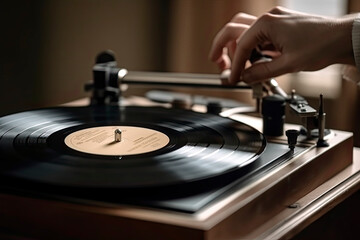 Obraz premium listening to music from vinyl record. Playing music from analog disk on turntable player