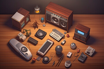 Old vintage objects and electronics collection on a hardwood floor, retro revival and collectibles