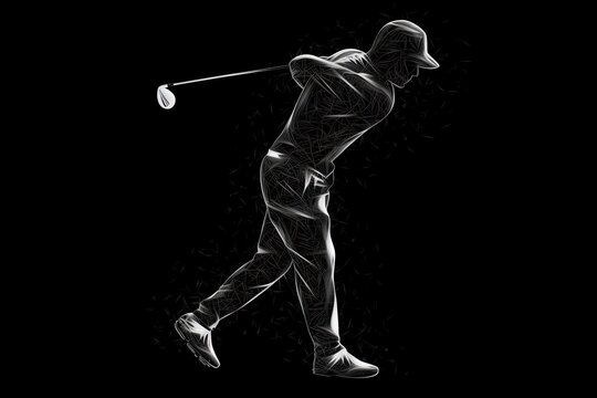 Abstract silhouette of a golf player on black background. Golfer man hits the ball. illustration