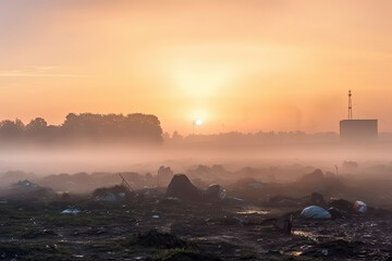 Obraz premium beautiful foggy dawn of the Sun over a huge field of urban garbage