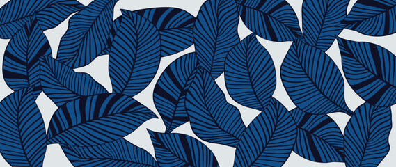 Blue leaf line art wallpaper background vector. Natural  jungle  leaves pattern design in minimalist linear contour simple style. Design for fabric, print, cover, banner, decoration.