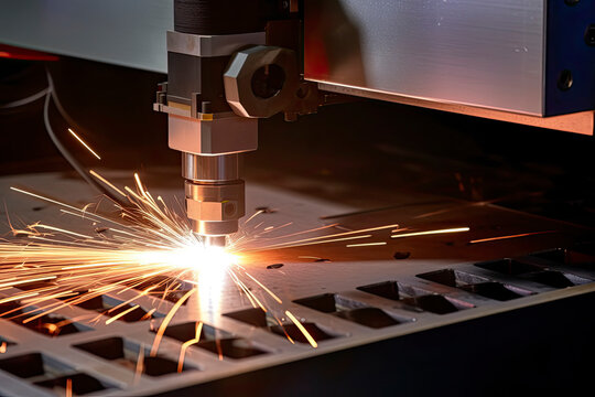 CNC Laser cutting of metal, modern industrial technology Making Industrial Details. The laser optics