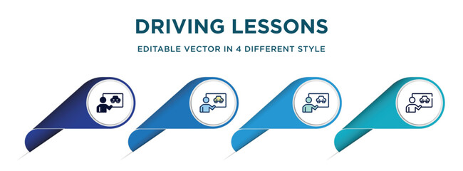 driving lessons icon in 4 different styles such as filled, color, glyph, colorful, lineal color. set of vector for web, mobile, ui