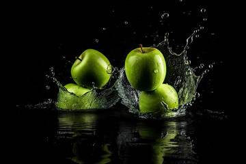 fresh green apples falling into water with splash on a dark background