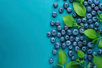 Fresh juicy blueberries with green leaves on blue background. blueberry background