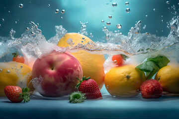 Fototapeta na wymiar Fruit juice mixed with water. Underwater photography of fresh fruit and vegetables