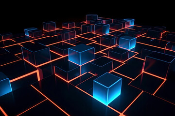 Glowing neon lines and randomly arranged cubes in the dark room, 3d rendering