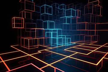 Glowing neon lines and randomly arranged cubes in the dark room, 3d rendering