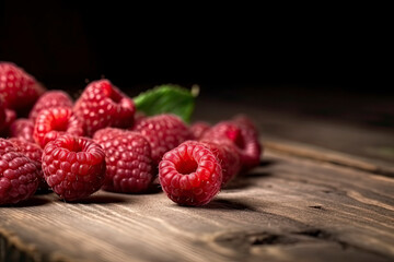 juicy fresh natural raspberries on a dark wooden rustic background
