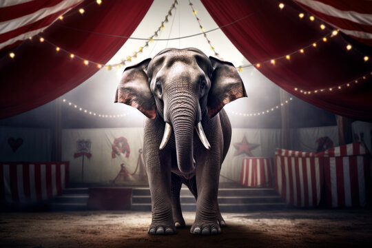 Circus Elephant standing in a circus tent, Generative AI