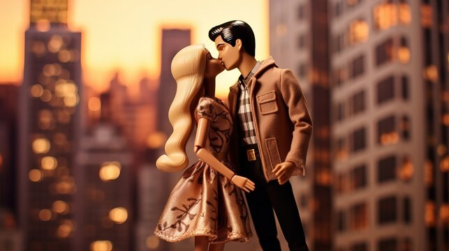 Two dolls in love kissing each other on a blurred city background during golden hour. Toy figures macro shot. Generative AI.