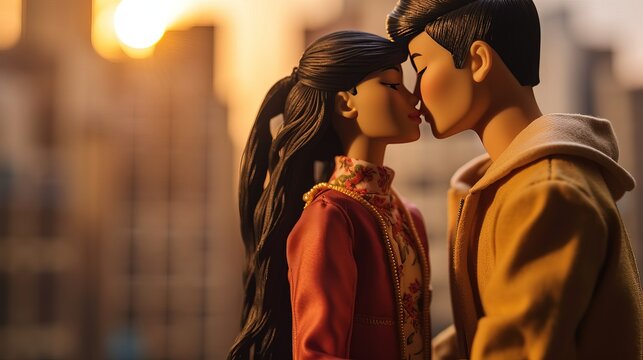 Two dolls in love kissing each other on a blurred city background during golden hour. Toy figures macro shot. Generative AI.
