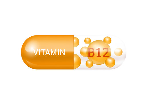 Capsule vitamin B12 structure orange and white It's transparent and vitamin pill is on inside. Beauty concept. Personal care. 3D Vector Illustration. transparent pill. Drug business. Cut out PNG.
