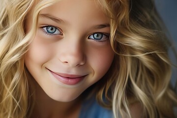 Naklejka premium Girl with blonde hair and blue eyes. Generative AI