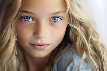 Naklejka premium Girl with blonde hair and blue eyes. Generative AI