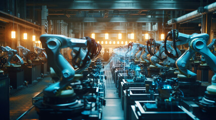 Obraz premium Arm robot working in a factory generative ai