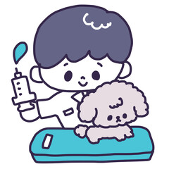 動物病院で男の獣医さんに注射されるトイプードルの子犬