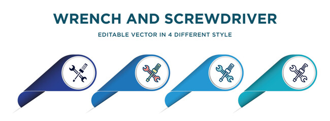 wrench and screwdriver cross icon in 4 different styles such as filled, color, glyph, colorful, lineal color. set of vector for web, mobile, ui