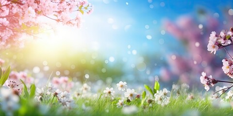 Obraz na płótnie Canvas Abstract sunny spring background with blooming flowers and trees. Summer meadow field with grass and bokeh wallpaper landscape.