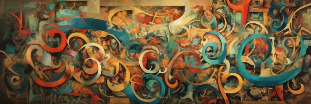 Colorful abstract spray painted graffiti background. Swirls street art. Arabic writing. Grunge pattern texture wallpaper.