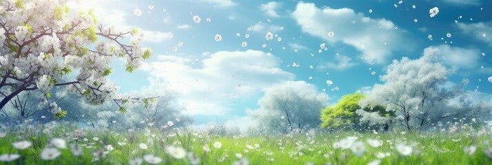 Fototapeta na wymiar Abstract sunny spring background with blooming flowers and trees. Summer meadow field with grass and bokeh wallpaper landscape.