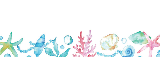 水彩画。水彩タッチの夏の貝殻ベクターイラスト。ヒトデや貝の背景フレーム。Watercolor painting. Summer seashell vector illustration with watercolor touch. Background frame of starfish and shells.