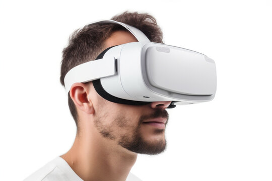 Young Man Using VR Headset For Virtual Reality Experience, Isolated On White Background,  Generative AI