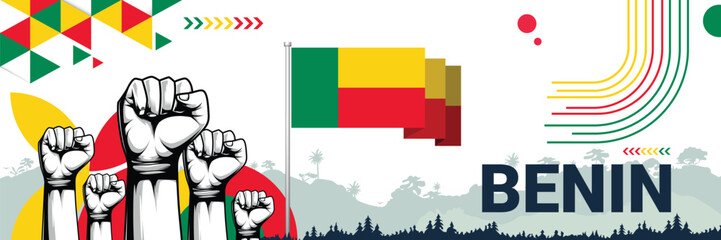 Fototapeta premium Celebrate Benin independence in style with bold and iconic flag colors. raising fist in protest or showing your support, this design is sure to catch the eye and ignite your patriotic spirit!