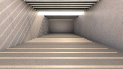 Abstract modern architecture background, empty open space interior. Empty cement concrete Surrounding wall and floor with Shadow. High resolution Perspective Corridor Hall tunnel Background. 3D Render
