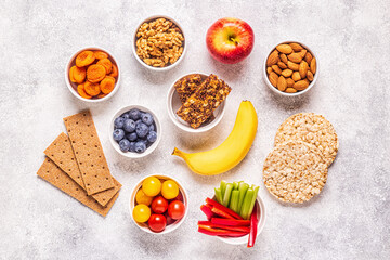 Fototapeta na wymiar Healthy snack concept, top view.