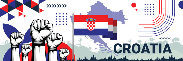 Naklejka premium Celebrate Croatia independence in style with bold and iconic flag colors. raising fist in protest or showing your support, this design is sure to catch the eye and ignite your patriotic spirit!