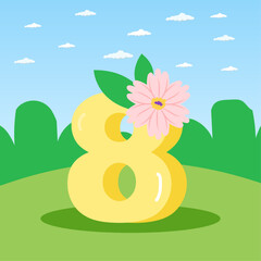A cartoon number 8 with a floral pink flower nature background