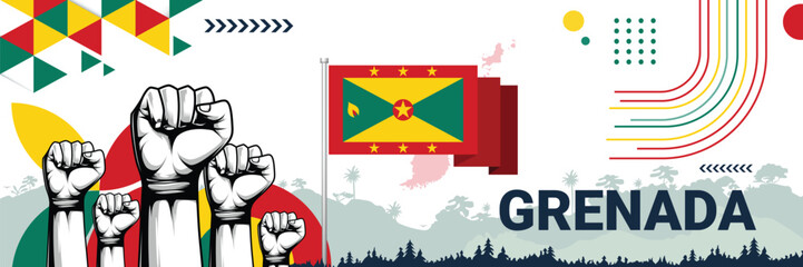 Celebrate Grenada independence in style with bold and iconic flag colors. raising fist in protest or showing your support, this design is sure to catch the eye and ignite your patriotic spirit! - obrazy, fototapety, plakaty