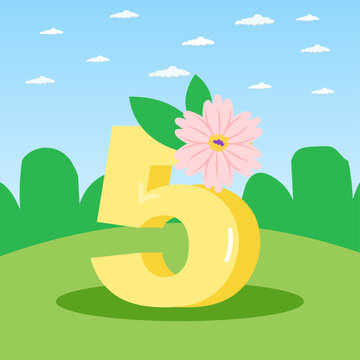 A cartoon number 5 with a floral pink flower nature background