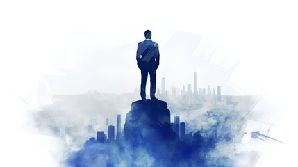 Businessman standing atop a mountain peak, overlooking a city landscape. Vision and success concept, underscoring the achievement of reaching one's goals. Triumphant moment. Generative AI - obrazy, fototapety, plakaty