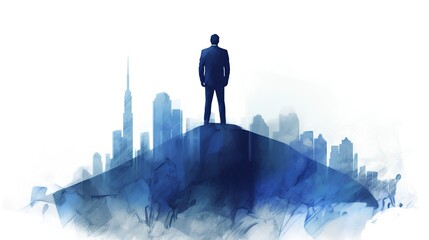 Businessman standing atop a mountain peak, overlooking a city landscape. Vision and success concept, underscoring the achievement of reaching one's goals. Triumphant moment. Generative AI