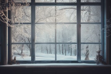 Fototapeta na wymiar Illustration of a snowy winter landscape seen through a window. Generative AI