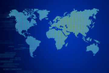 Square shape dotted world map on gradient blue background. Abstract technology digital backgrounds with binary code and world map