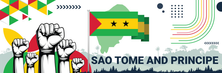 Sao Tome and Principe independence in style with bold and iconic flag colors. raising fist in protest or showing your support, this design is sure to catch the eye and ignite your patriotic spirit!
