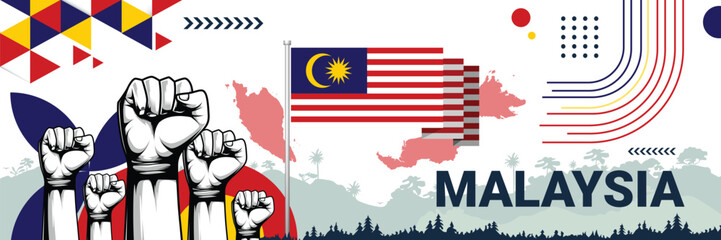 Celebrate Malaysia independence in style with bold and iconic flag colors. raising fist in protest or showing your support, this design is sure to catch the eye and ignite your patriotic spirit!