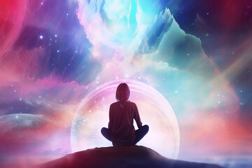 a woman meditating under a galaxy sky