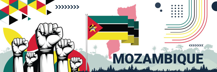 Celebrate Mozambique independence in style with bold and iconic flag colors. raising fist in protest or showing your support, this design is sure to catch the eye and ignite your patriotic spirit! - obrazy, fototapety, plakaty
