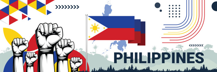 Celebrate Philippines independence in style with bold and iconic flag colors. raising fist in protest or showing your support, this design is sure to catch the eye and ignite your patriotic spirit!