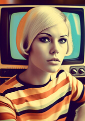 Retro of a woman with retro television in background in style pop deco, generative ai