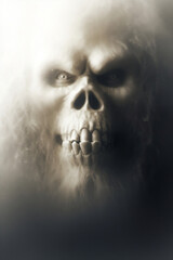 A horror poster with a human skull face in snowy and cold foggy cloudy, generative ai