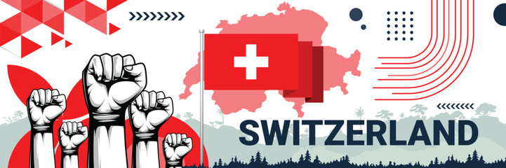 Celebrate Switzerland independence in style with bold and iconic flag colors. raising fist in protest or showing your support, this design is sure to catch the eye and ignite your patriotic spirit!